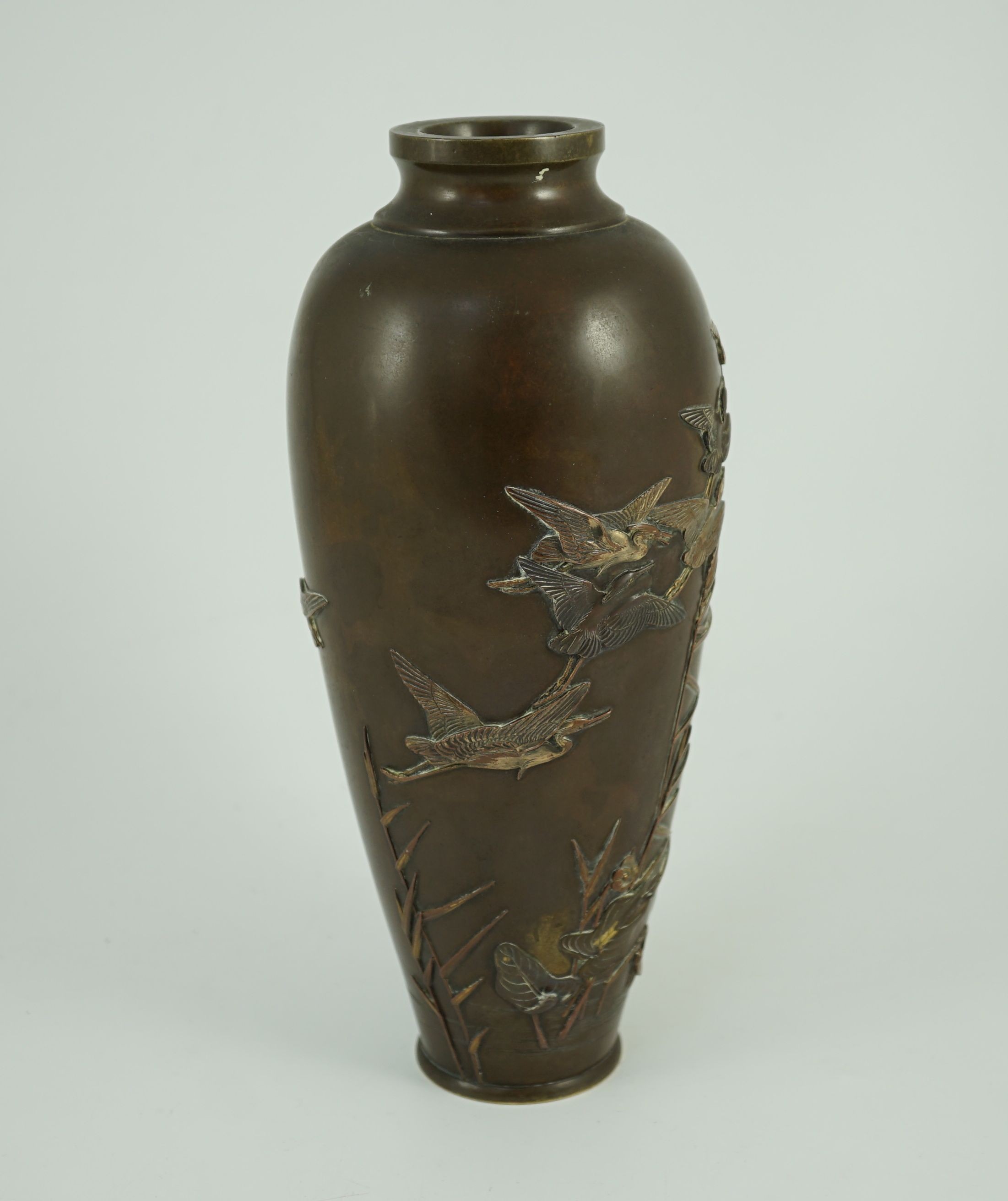 A Japanese bronze and mixed metal vase, by Miyabe Atsuyoshi, Meiji period, 25.7cm high